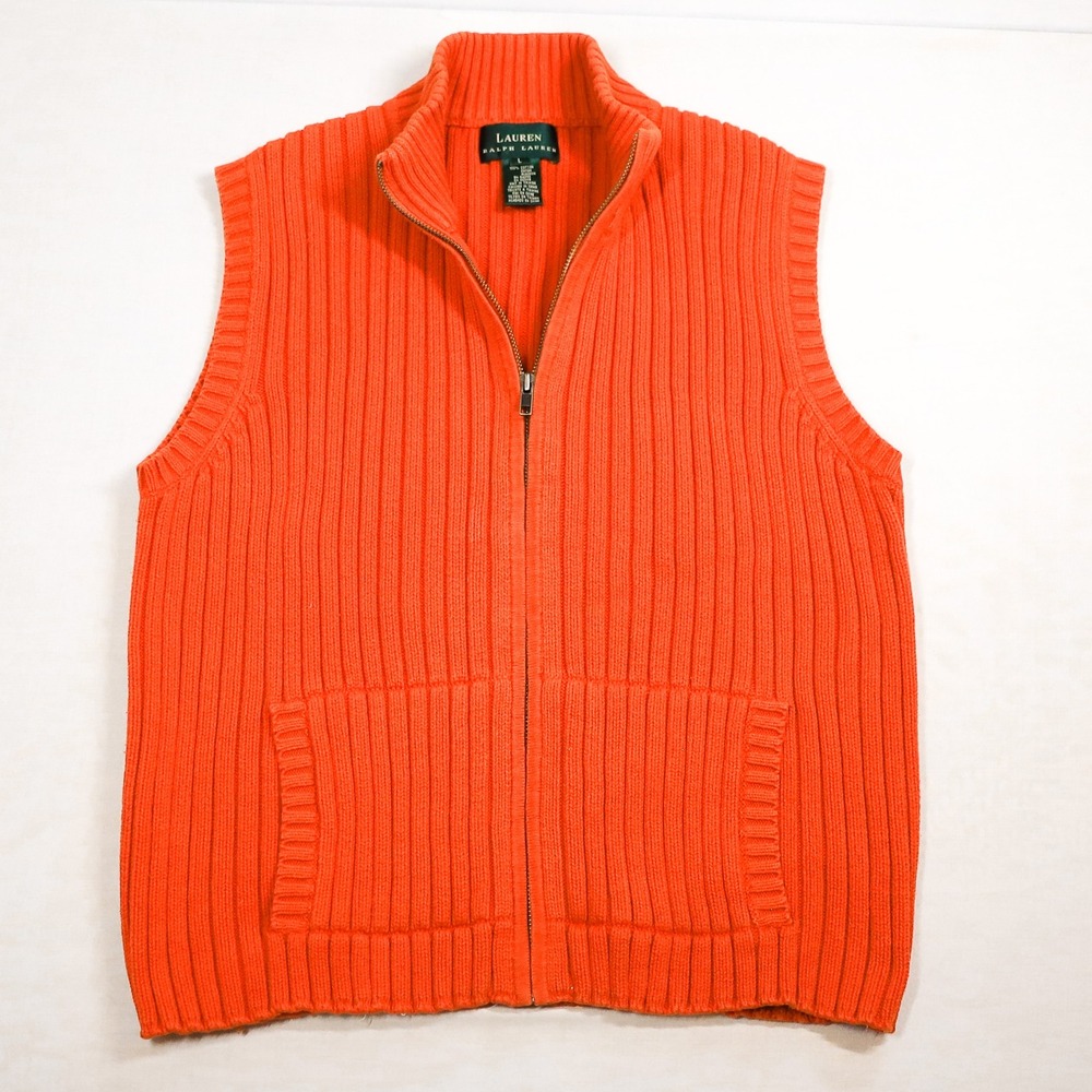 Lauren Ralph Lauren Vest Womens Large Orange Cotton Ribbed Full Zip Mock Neck